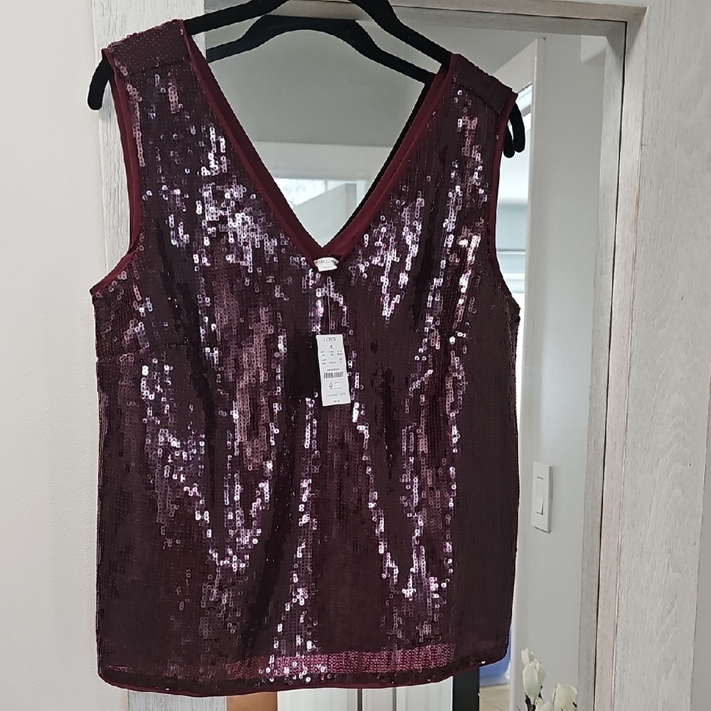 J. Crew, Sequin V-Neck Sleeveless Top - Burgundy, NWT, S